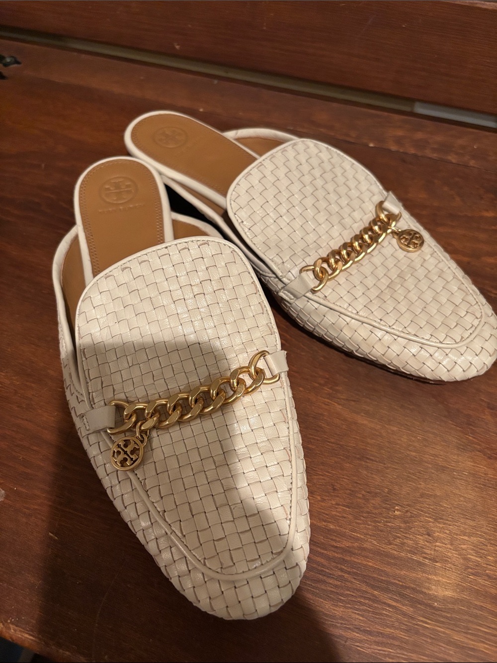 Tory Burch Cream Woven Leather Chain-Trim Mules